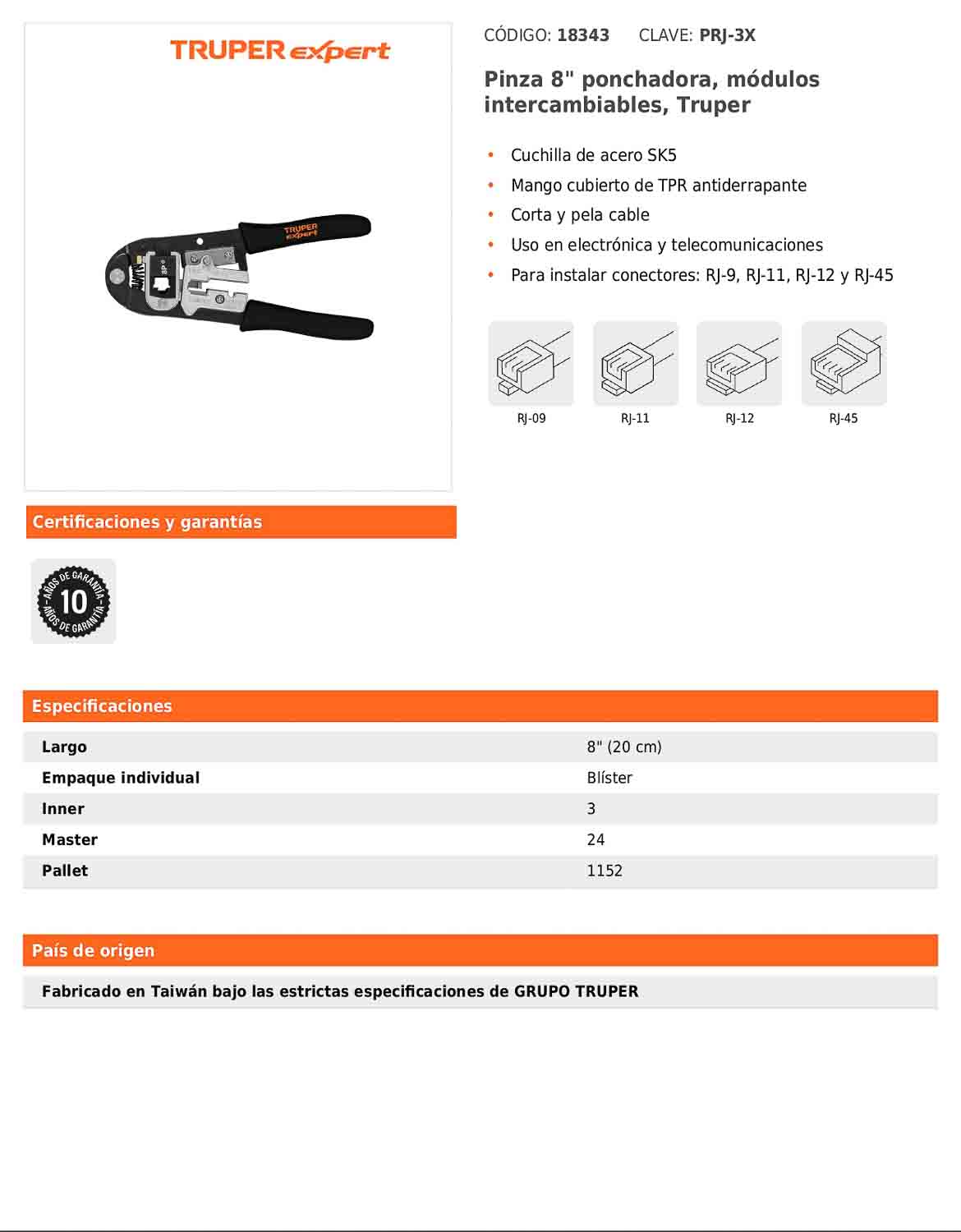 Pinza ponchadora de 8 pulgadas para conectores RJ con módulos intercambiables
