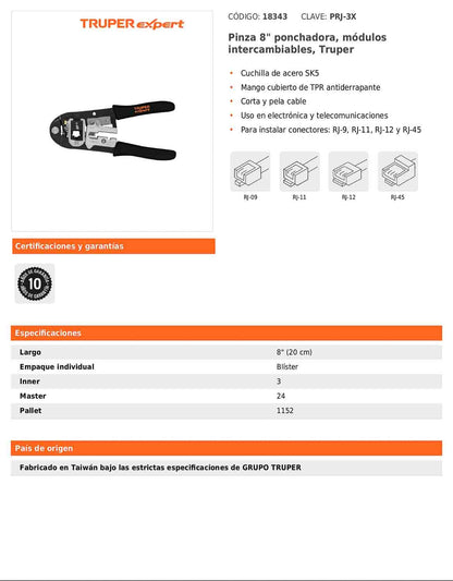Pinza ponchadora de 8 pulgadas para conectores RJ con módulos intercambiables