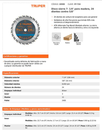 Disco de sierra de 7 1/4 pulgadas con 24 dientes de carburo y centro de 5/8 pulgadas