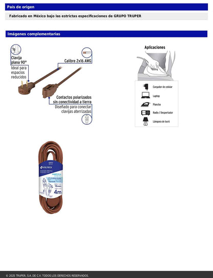 Extensión eléctrica doméstica de 4 m con clavija plana café