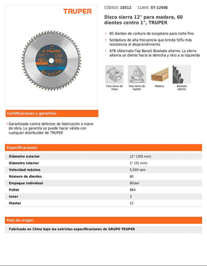 Disco sierra para madera de 12 pulgadas con 60 dientes y centro de 1 pulgada