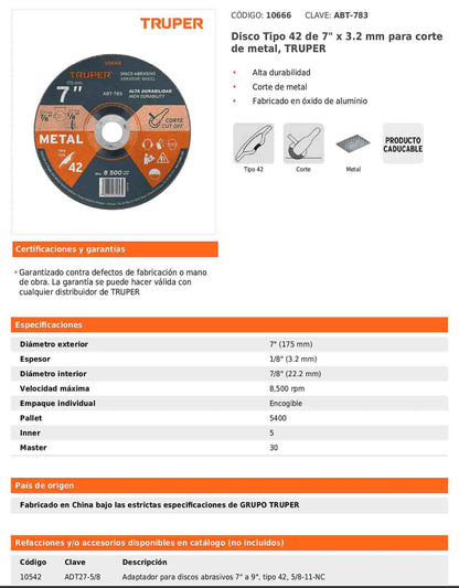 Disco de corte para metal de 7 pulgadas con espesor de 3.2 mm
