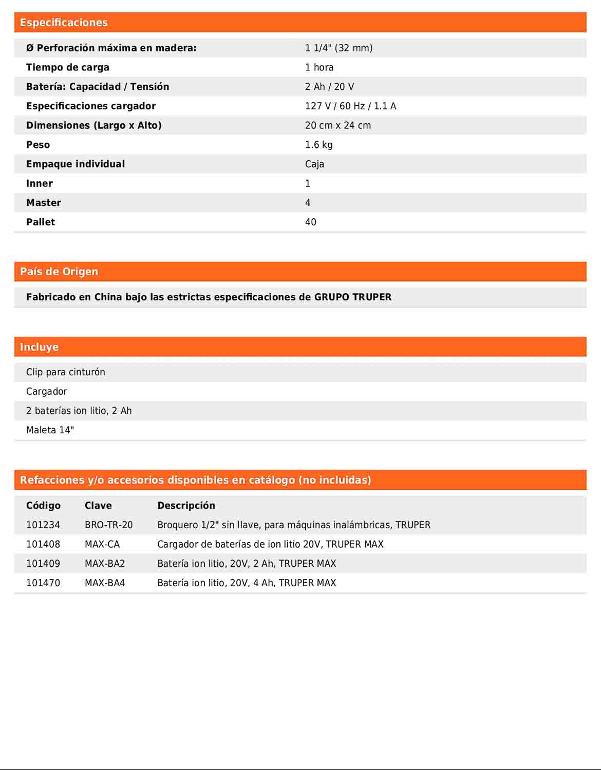 Taladro inalámbrico de 1/2 in con batería 20 V y dos velocidades