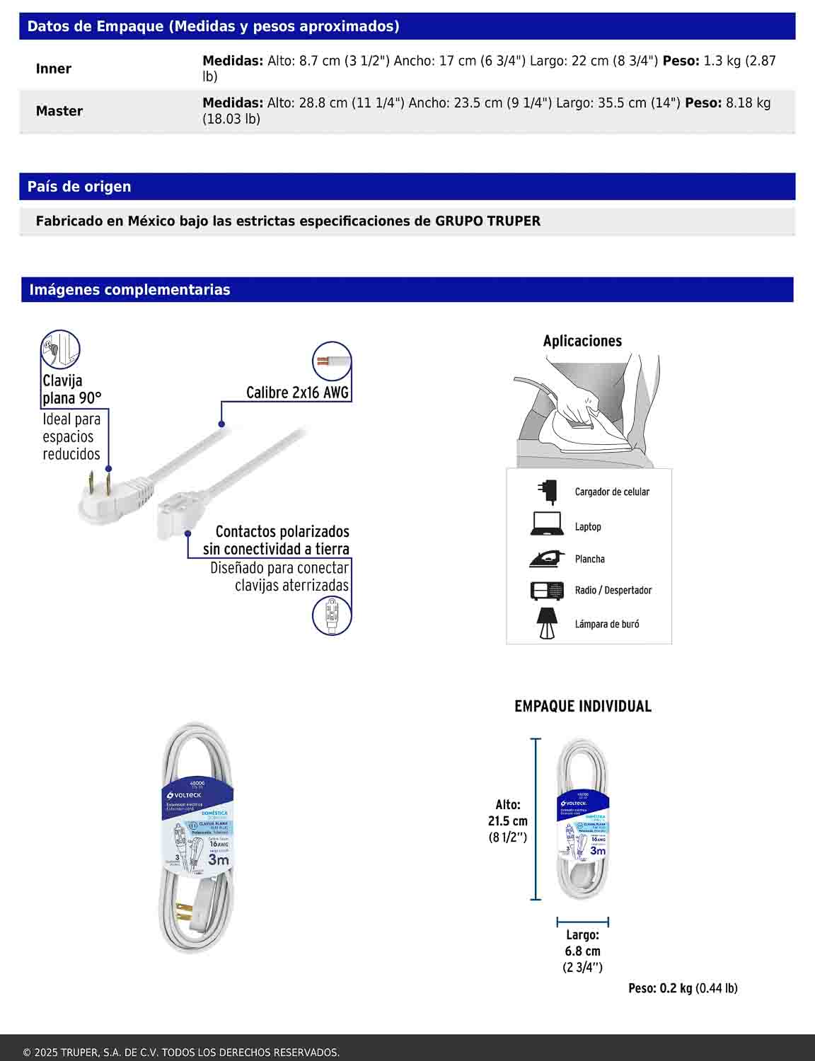 Extensión eléctrica doméstica de 3 m con clavija plana blanca