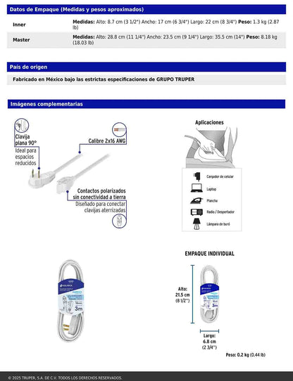 Extensión eléctrica doméstica de 3 m con clavija plana blanca