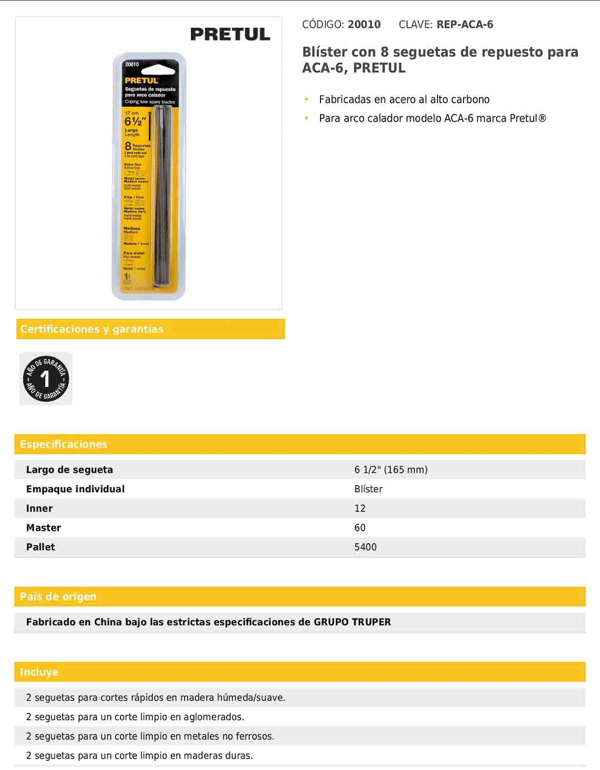 Seguetas de repuesto de 6 1/2" para sierras arco calador con blíster de 8 piezas