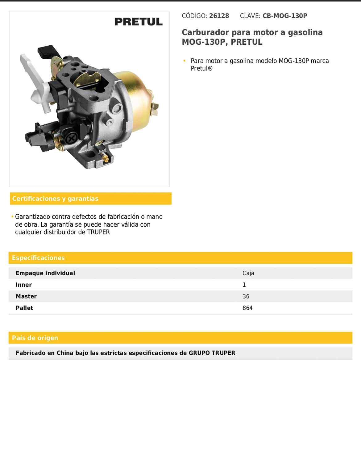 Carburador para motor a gasolina MOG-130P
