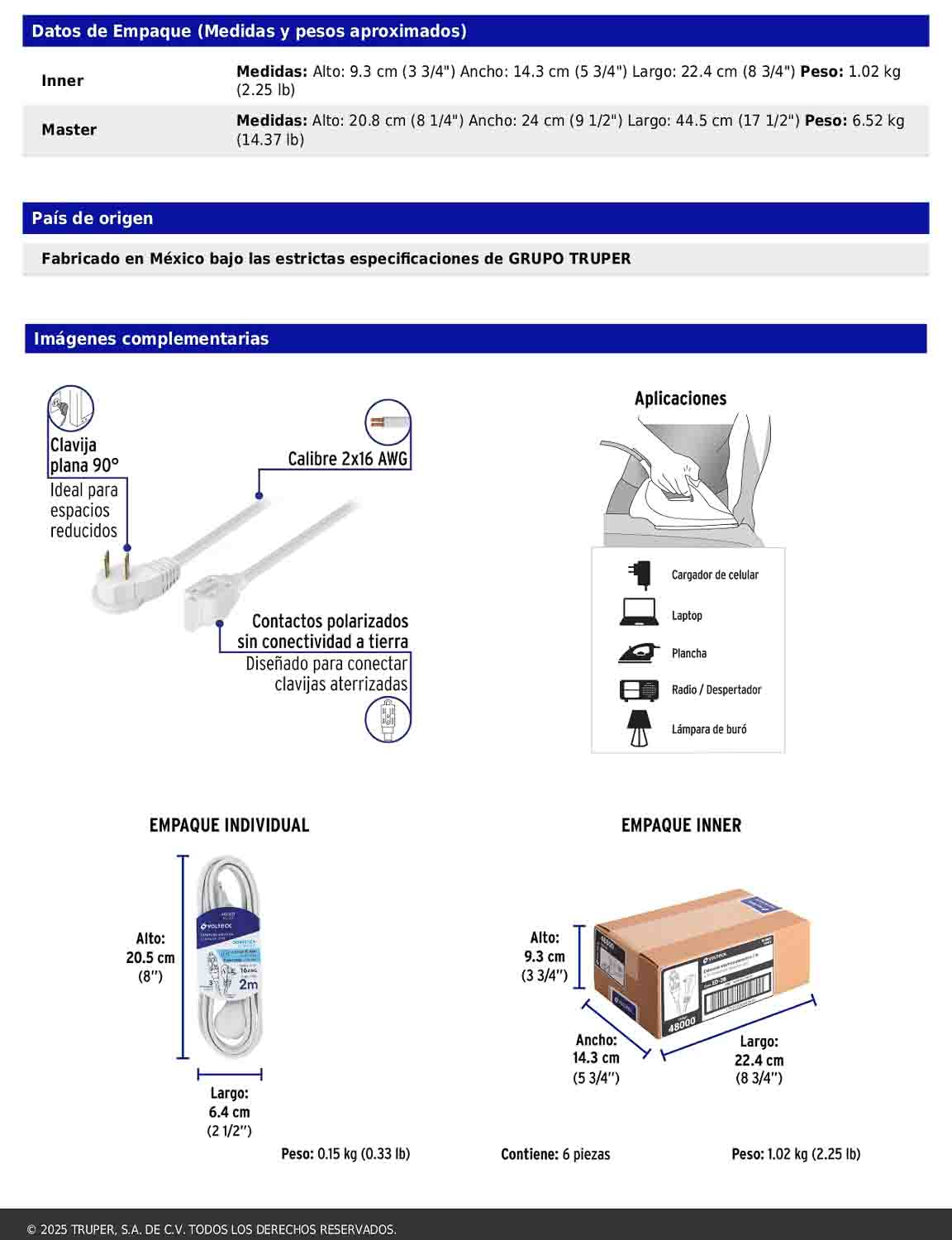 Extensión eléctrica doméstica de 2 m con clavija plana blanca