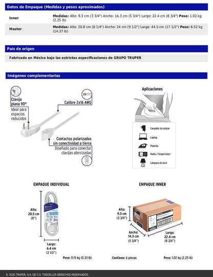 Extensión eléctrica doméstica de 2 m con clavija plana blanca