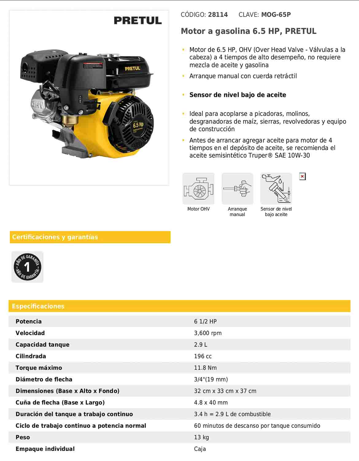 Motor a gasolina de 6.5 HP con sensor de aceite y arranque manual