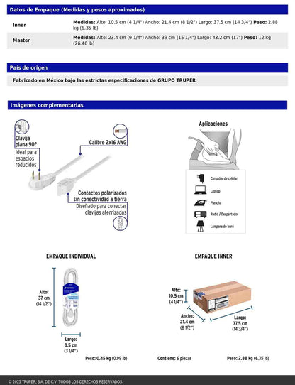 Extensión eléctrica doméstica de 8 m con clavija plana blanca