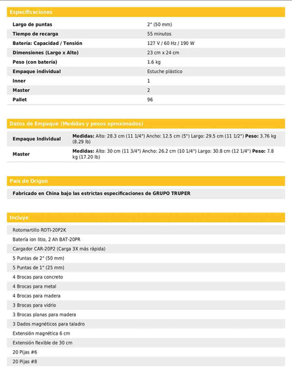 Kit de rotomartillo inalámbrico de 1/2 in con batería 20 V y 32 accesorios