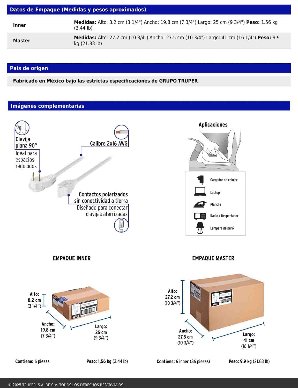 Extensión eléctrica doméstica de 4 m con clavija plana blanca