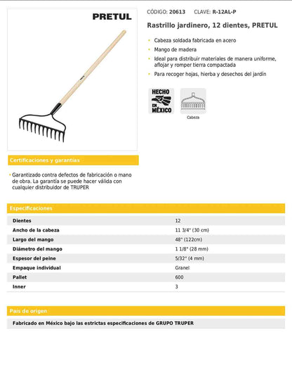 Rastrillo jardinero de 12 dientes con mango de 48 pulgadas