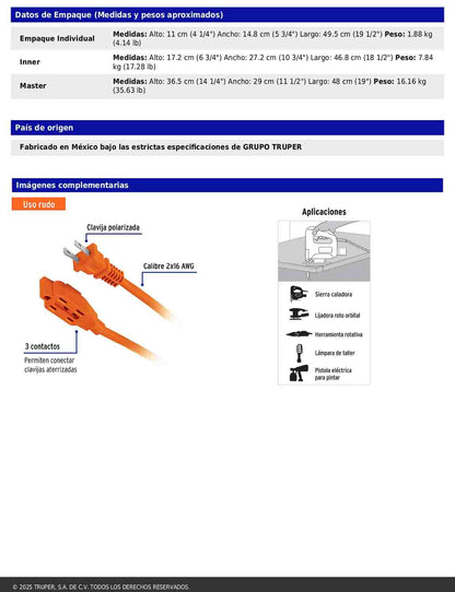 Extensión eléctrica de uso rudo de 20 m con calibre 2x16 AWG