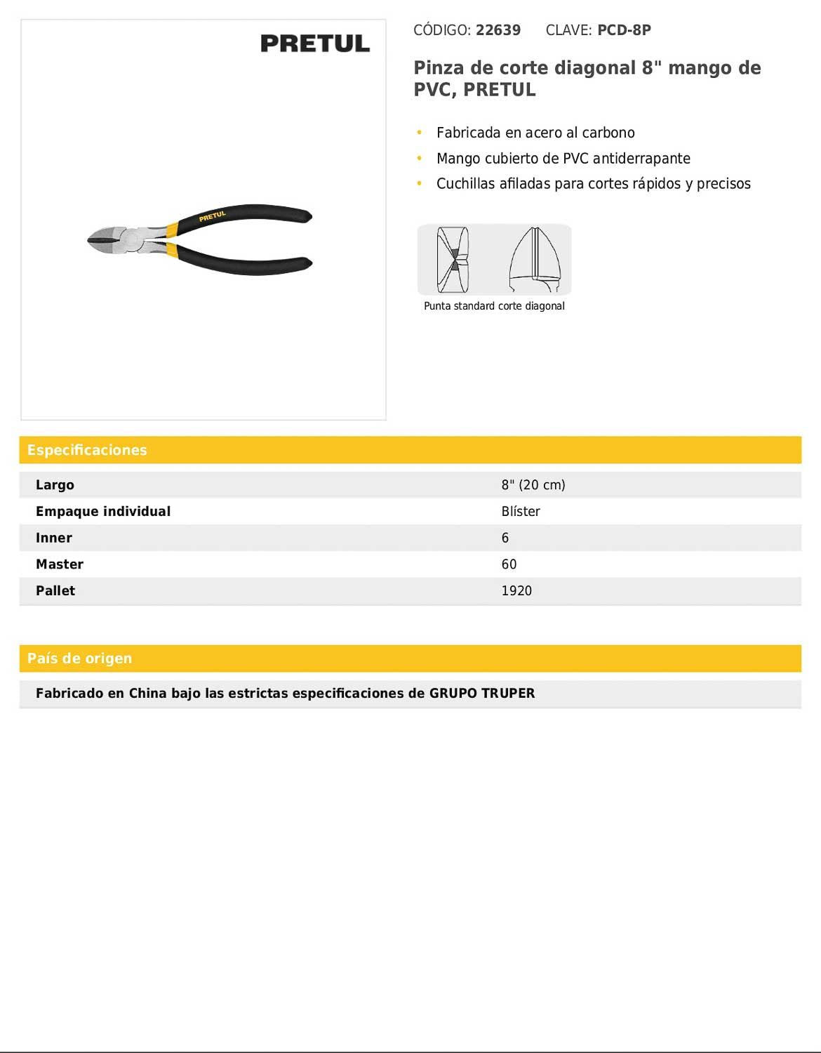 Pinza de corte diagonal de 8 pulgadas con mango de PVC