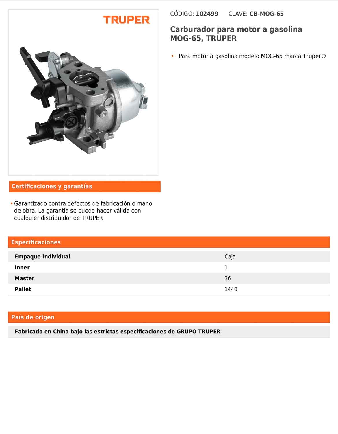 Carburador para motor a gasolina MOG-65
