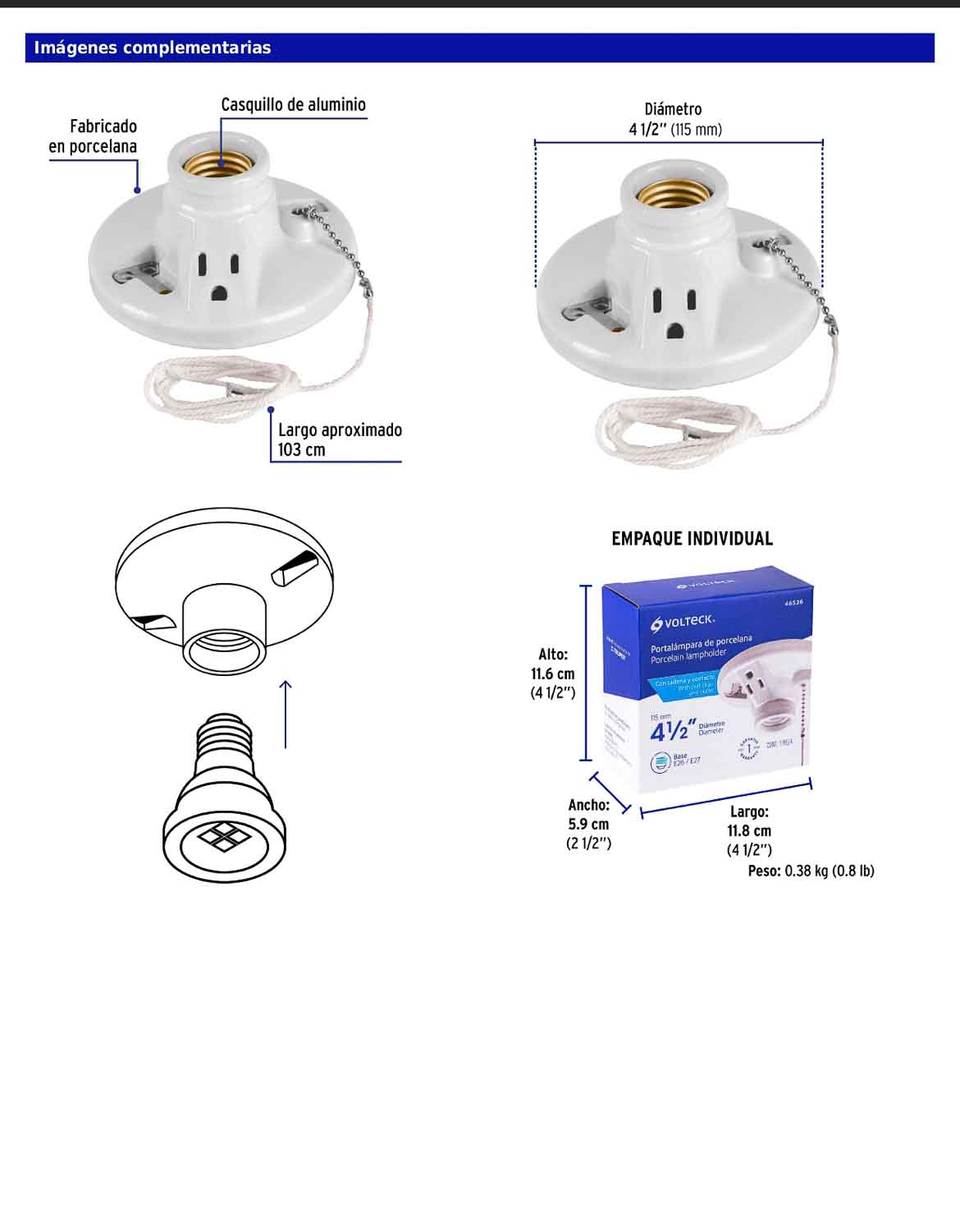 Portalámpara de porcelana con ladrón y cadena de 103 cm