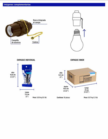 Portalámpara de baquelita con interruptor de cadena y casquillo de aluminio