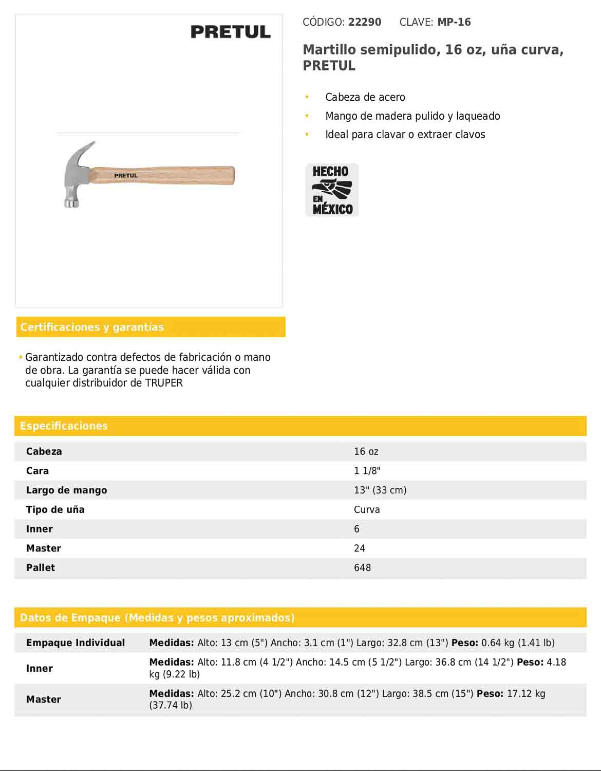 Martillo semipulido de 16 oz con uña curva