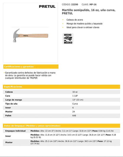 Martillo semipulido de 16 oz con uña curva