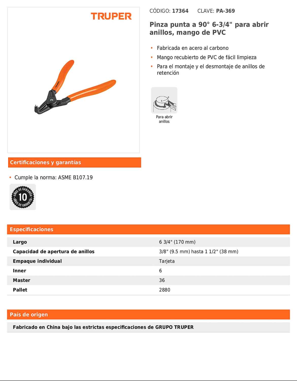 Pinza de punta a 90 grados de 6 3/4 pulgadas para abrir anillos con mango de PVC