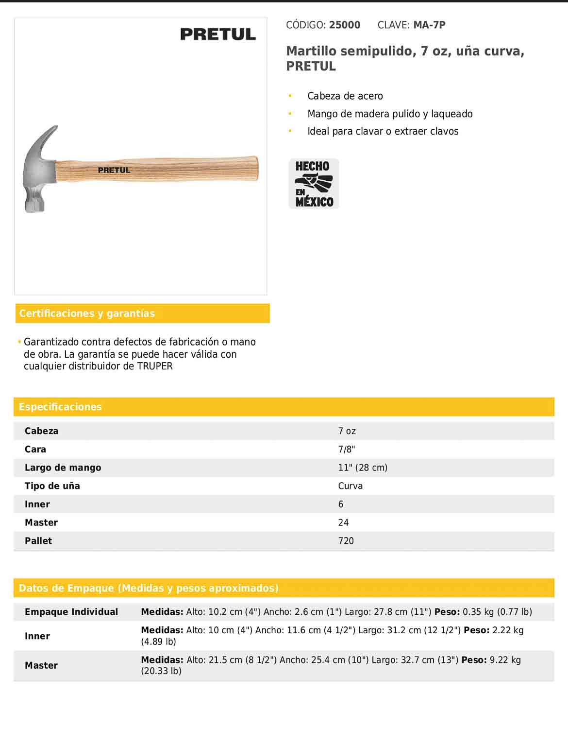 Martillo semipulido de 7 oz con uña curva y mango de madera