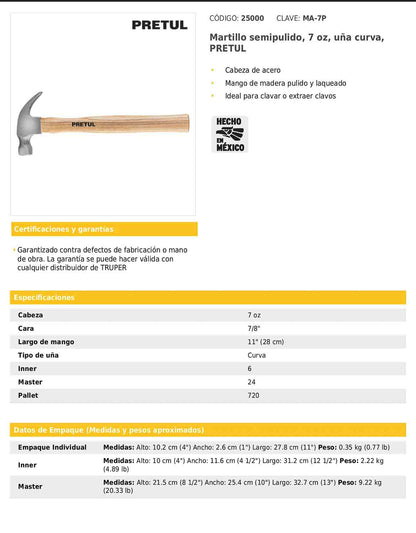 Martillo semipulido de 7 oz con uña curva y mango de madera