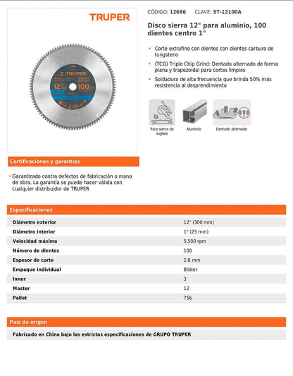 Disco sierra para aluminio de 12 pulgadas con 100 dientes y centro de 1 pulgada