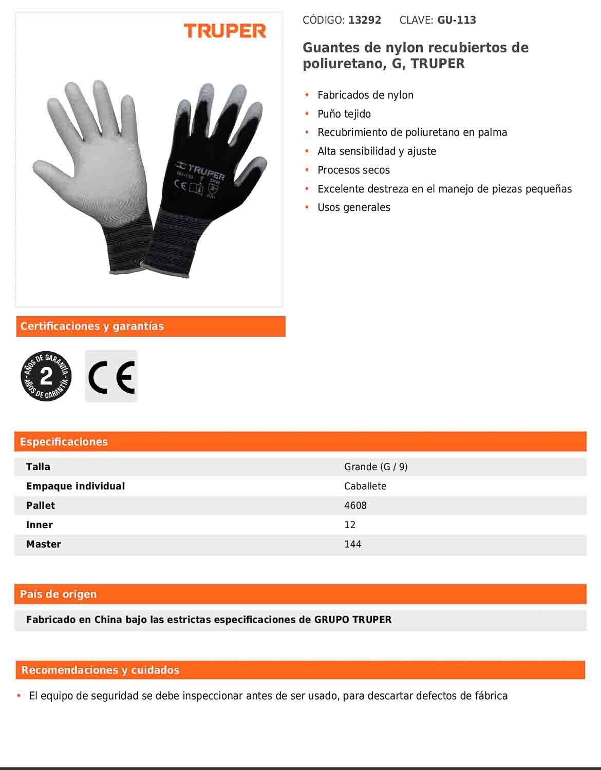 Guantes de nylon recubiertos de poliuretano grande