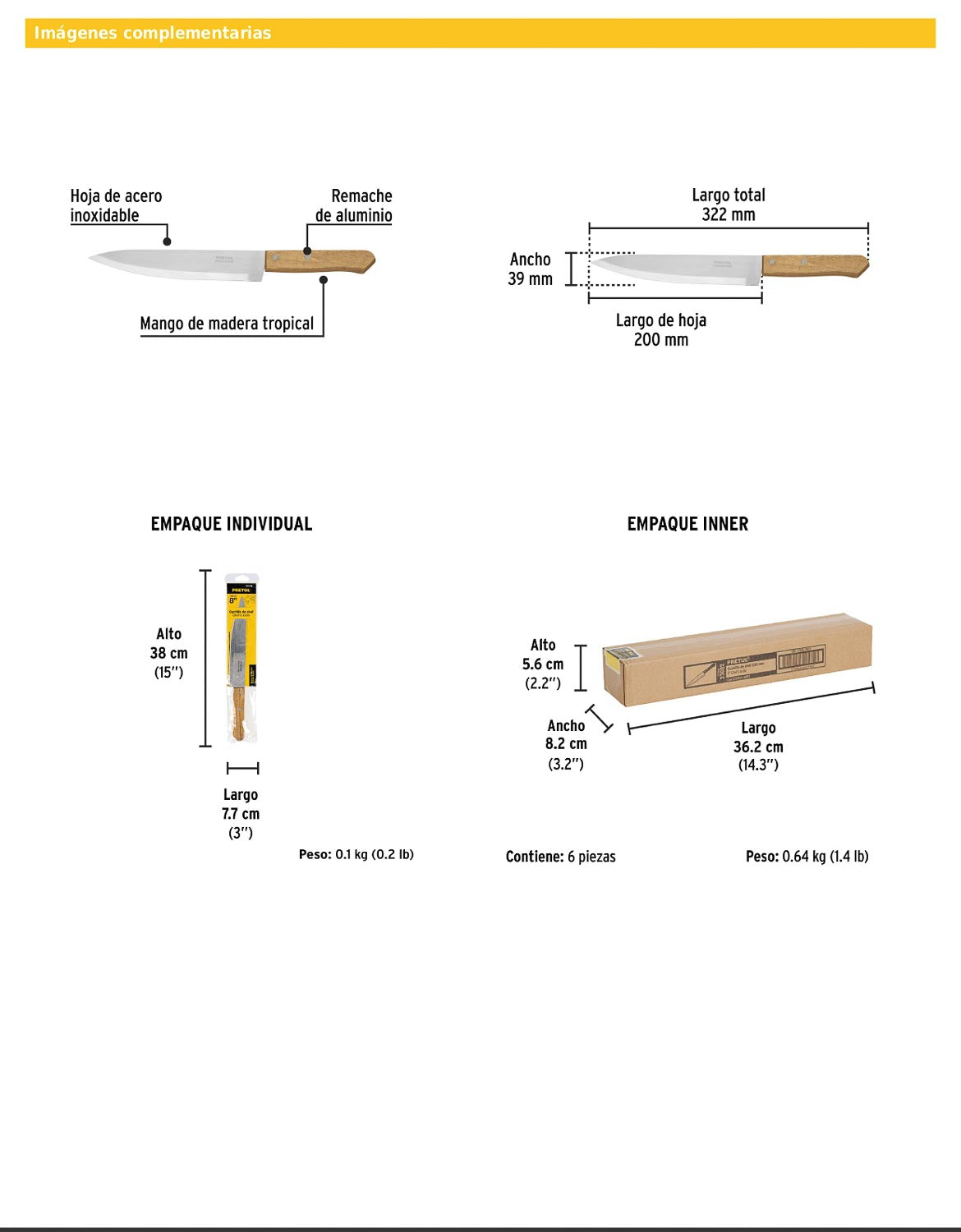 Cuchillo de chef de 8 pulgadas con mango de madera