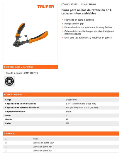 Pinza para anillos de retención de 6 pulgadas con 4 cabezas intercambiables