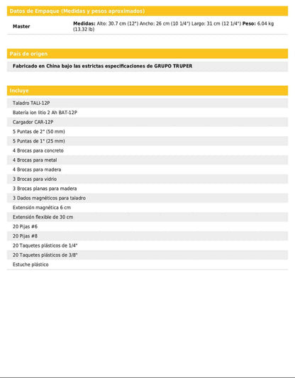 Kit de taladro inalámbrico de 3/8 in con batería 12 V y 33 accesorios