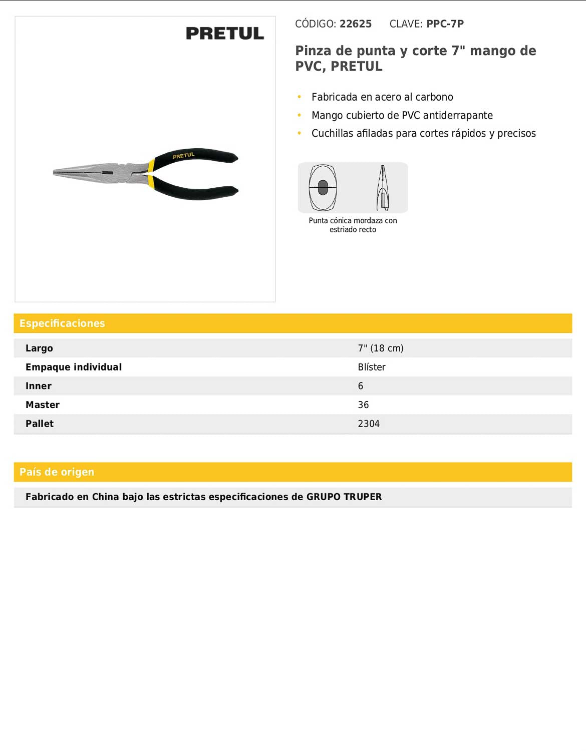 Pinza de punta y corte de 18 cm con mango de PVC