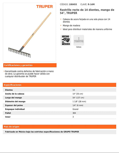 Rastrillo recto de 14 dientes con mango de 54 pulgadas