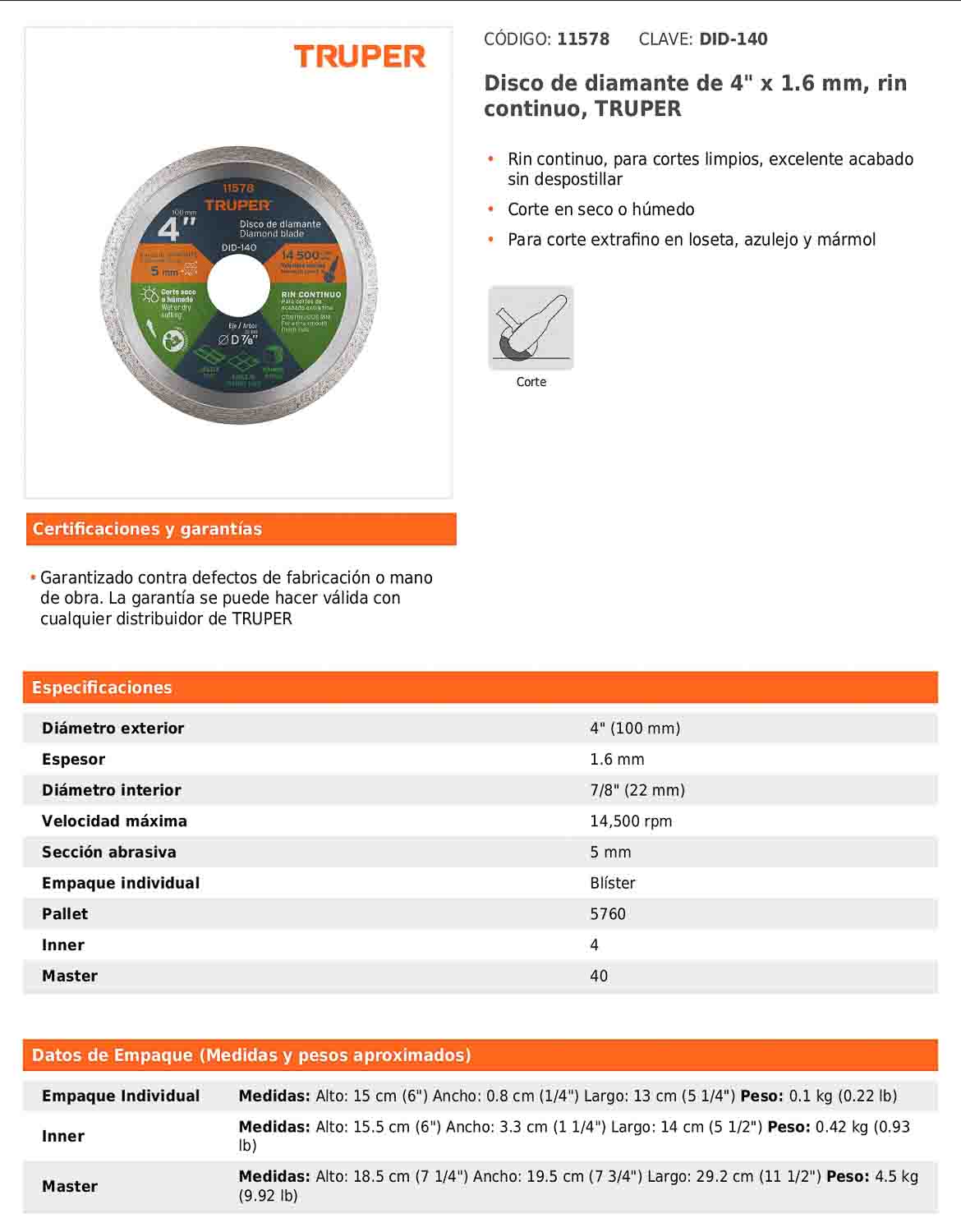 Disco de diamante de 4 pulgadas con espesor de 1.6 mm y rin continuo