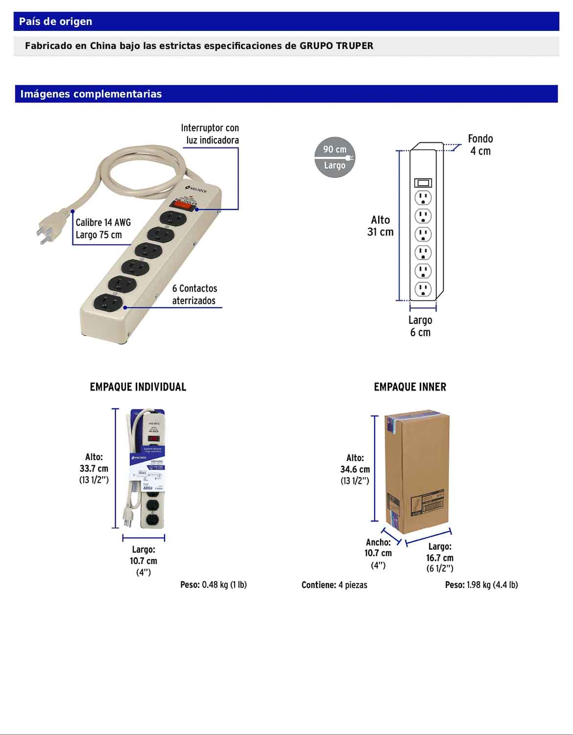 Regleta multicontacto de 6 entradas con supresor de picos de 600 joules