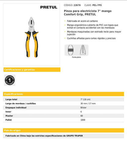 Pinza para electricista de 18 cm con mango Comfort Grip
