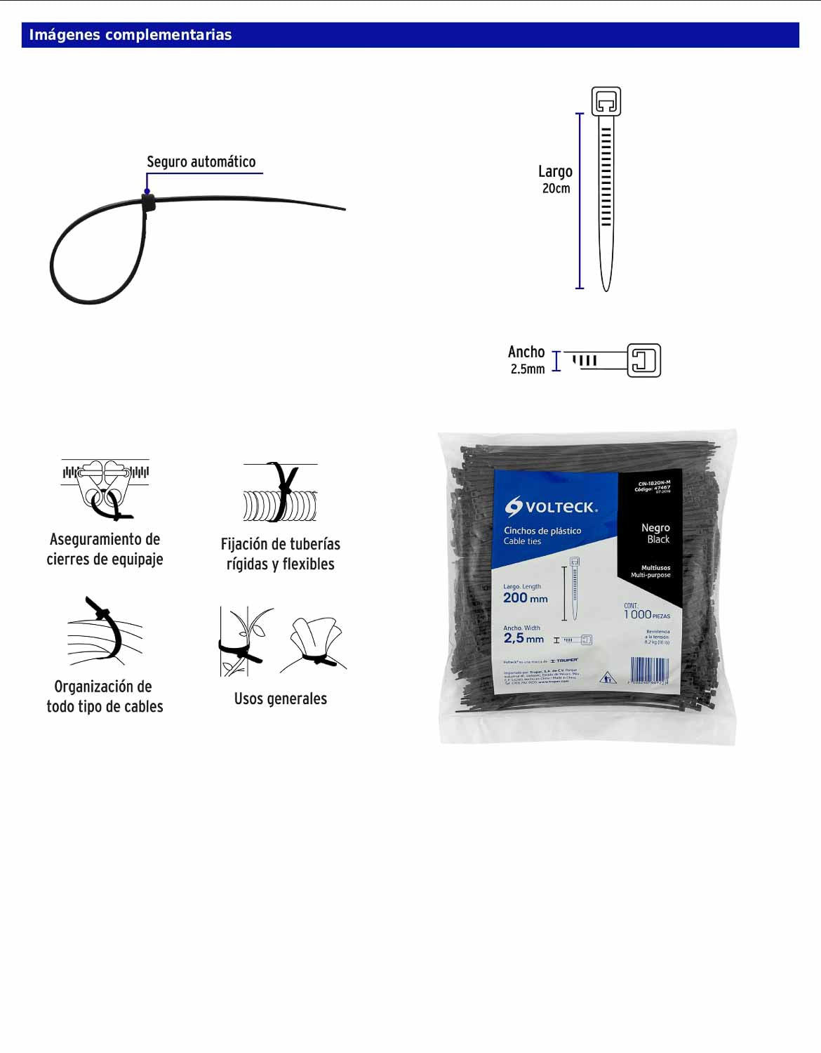 Bolsa con 1000 cinchos plásticos 18 lb de 200 x 2.5 mm negro