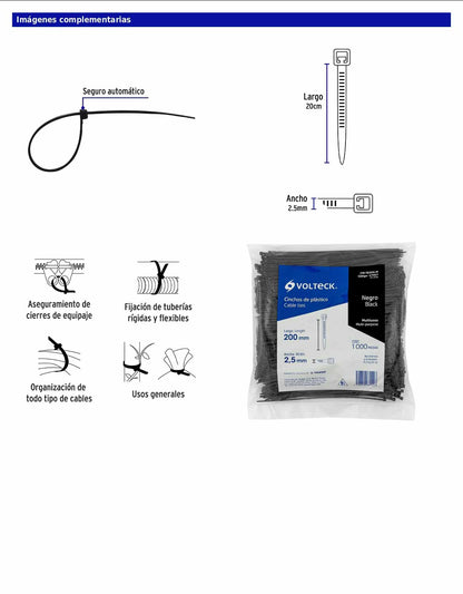 Bolsa con 1000 cinchos plásticos 18 lb de 200 x 2.5 mm negro