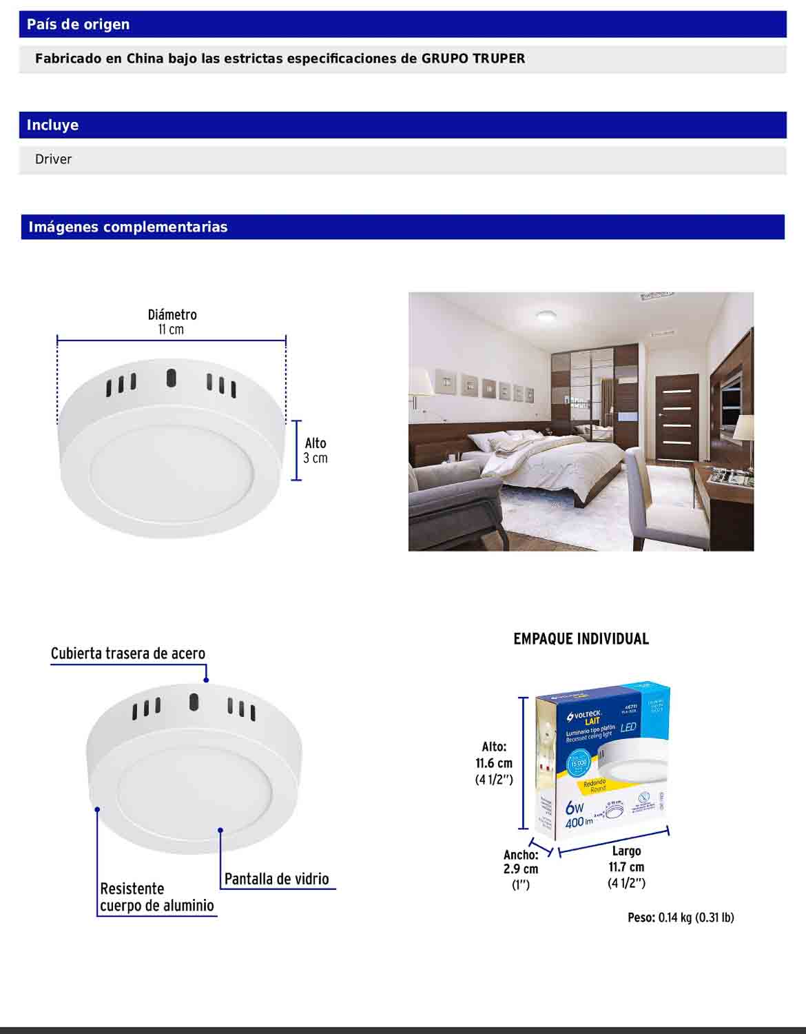 Luminario LED plafón de 6 W con luz de día redondo