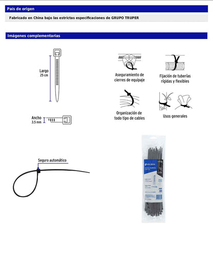 Bolsa con 50 cinchos plásticos 40 lb 250 x 3.5 mm negro