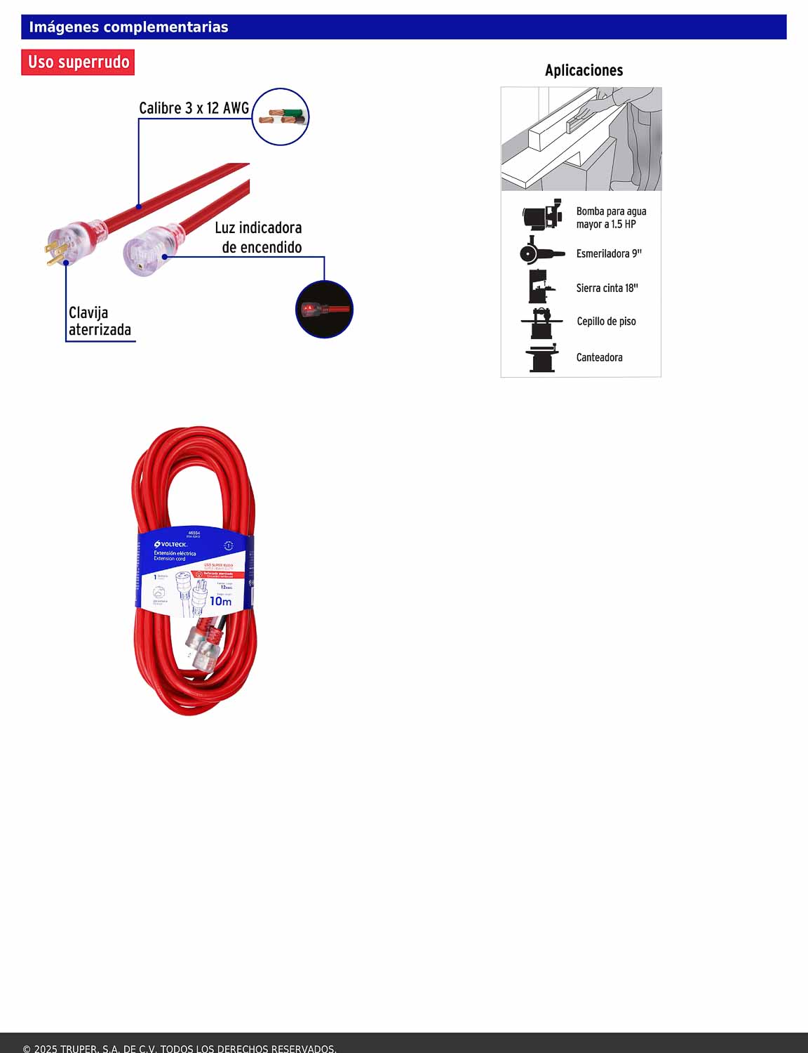 Extensión reforzada aterrizada 10 m 3x12 AWG