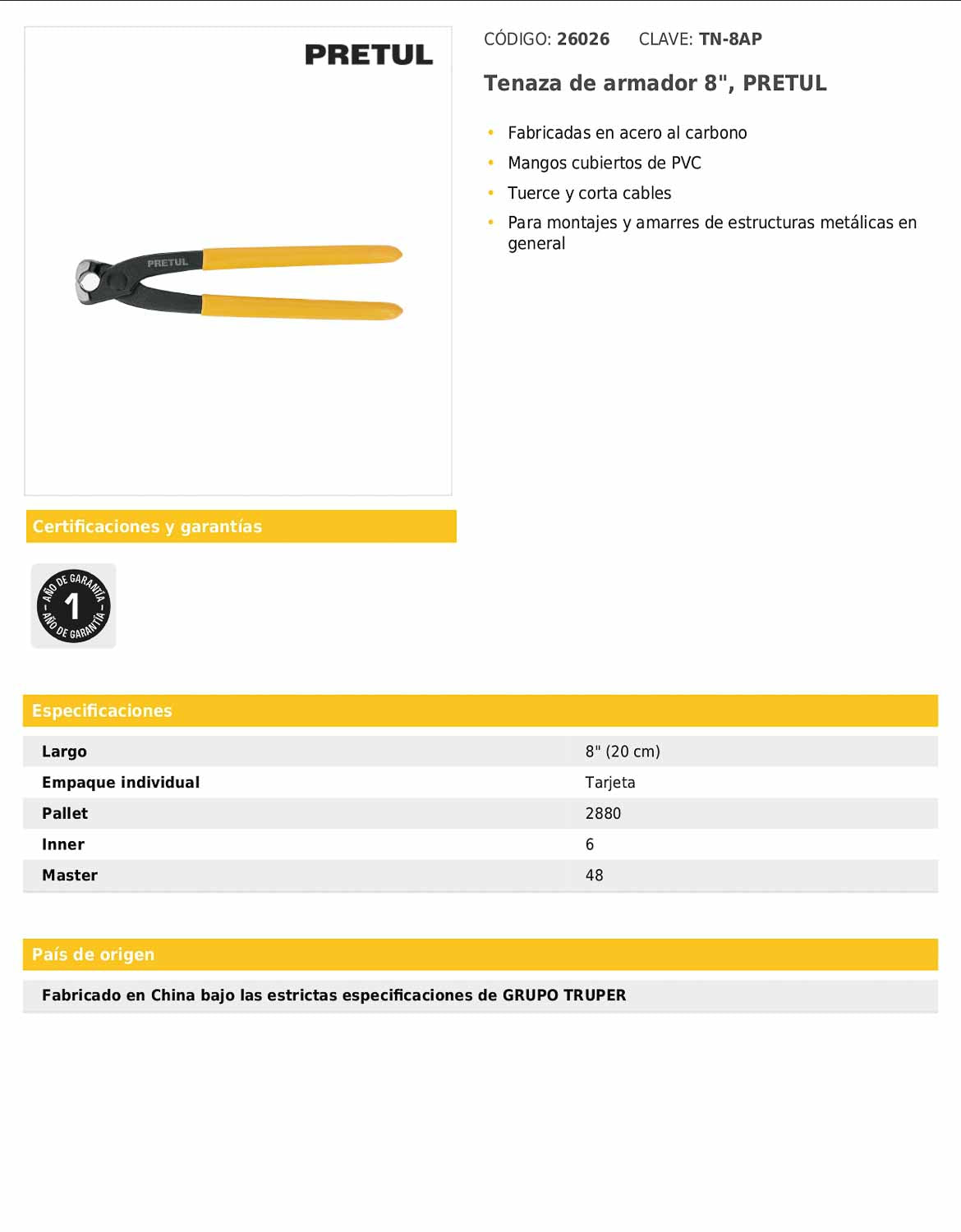 Tenaza de armador de 8 pulgadas con mangos de PVC