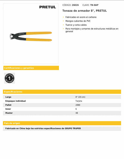 Tenaza de armador de 8 pulgadas con mangos de PVC