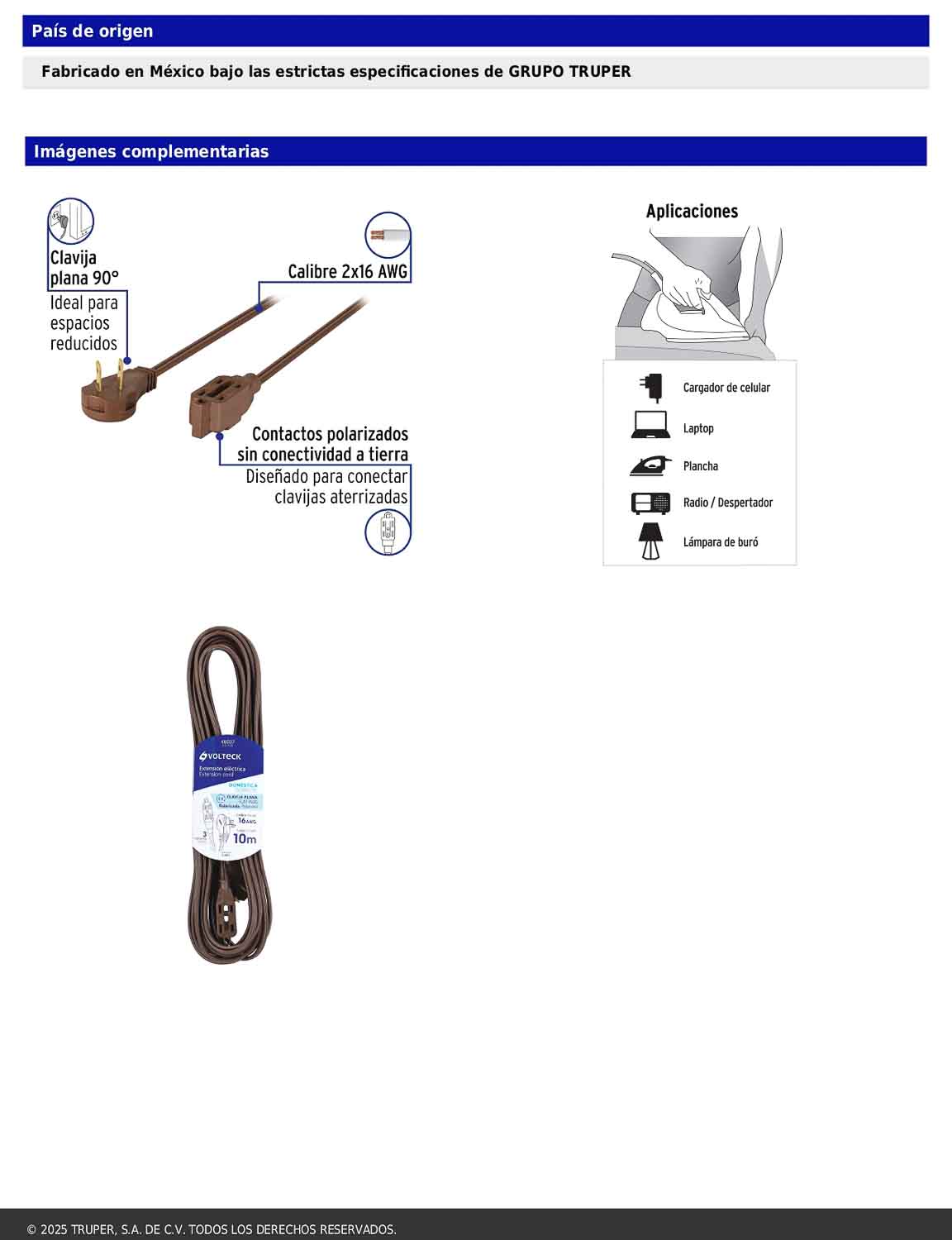Extensión eléctrica doméstica de 10 m con clavija plana café
