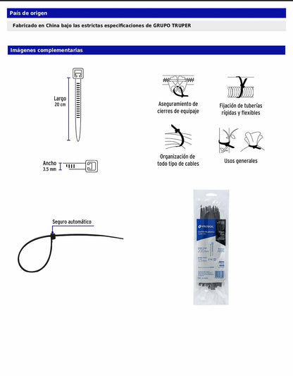 Bolsa con 50 cinchos plásticos 40 lb 200 x 3.5 mm negro
