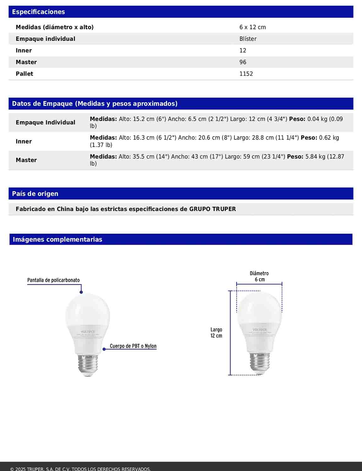 Foco LED 12W A19 6500K blanca fría 1050 lm
