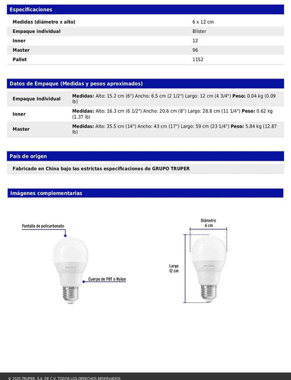 Foco LED 12W A19 6500K blanca fría 1050 lm