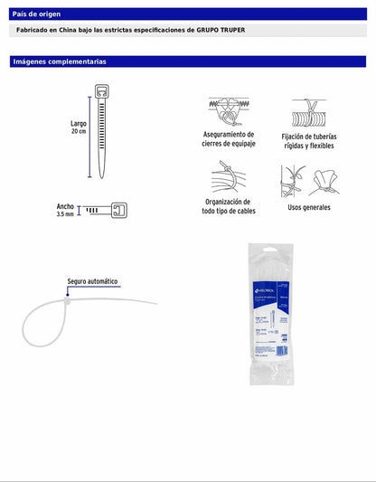 Bolsa con 50 cinchos plásticos 40 lb 200 x 3.5 mm natural